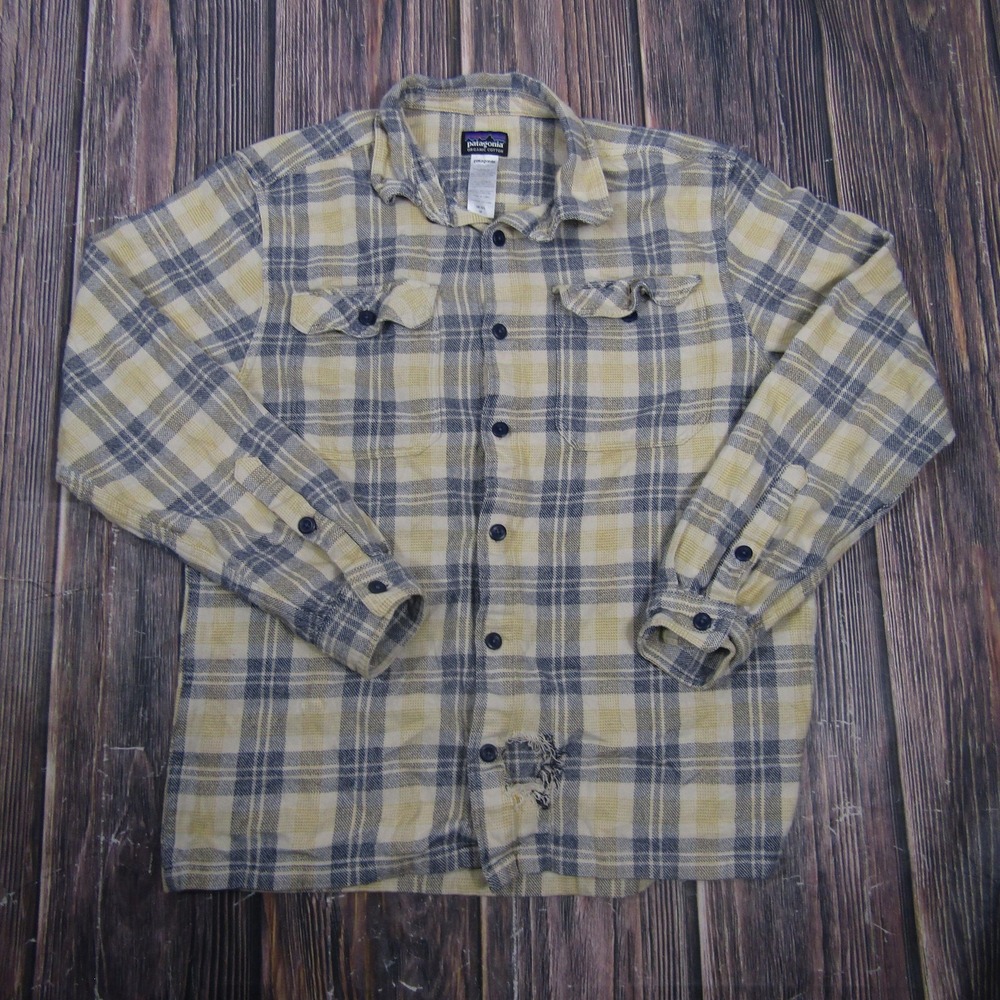 Patagonia Shirt Mens M Beige Plaid Long Sleeve Button Up Flannel Cotton‎